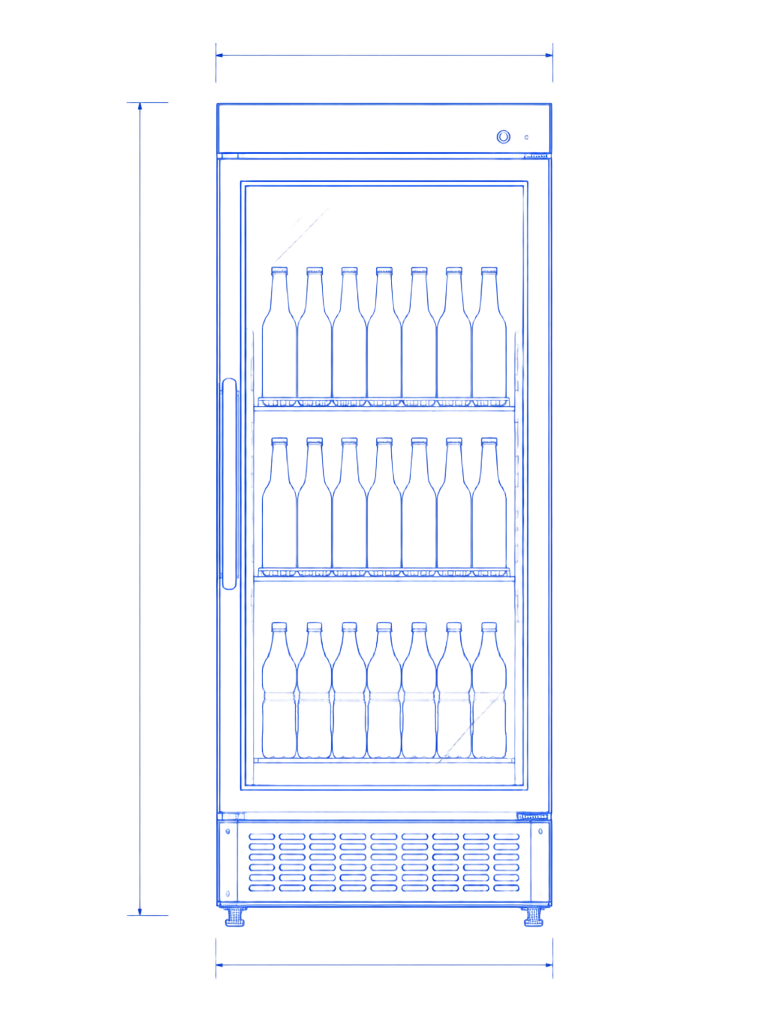 CAD-style engineering line drawing of the SandStar SRK smart retail cabinet, positioned as The Fleet Workhorse