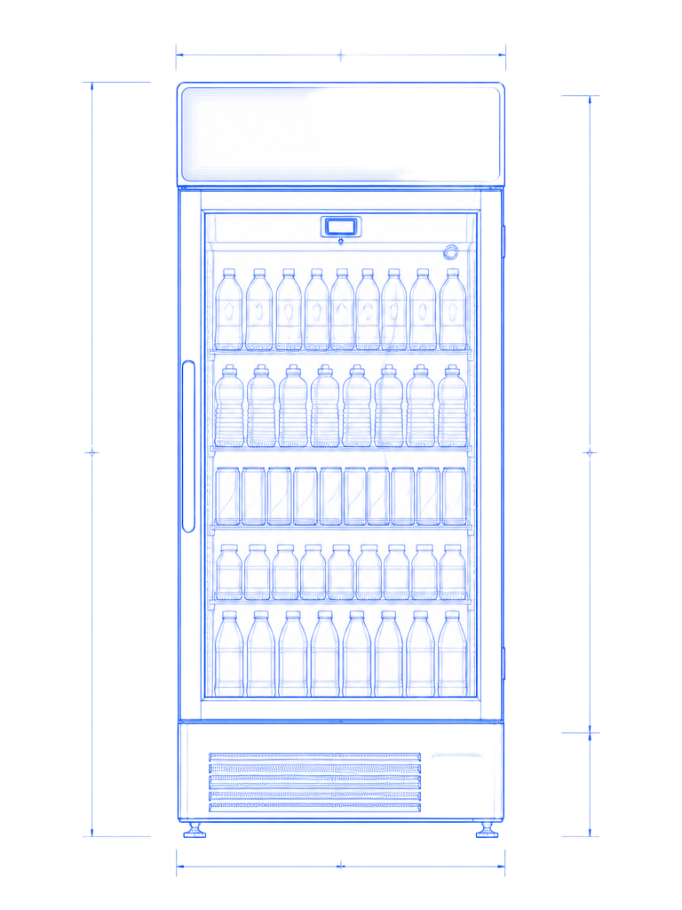 CAD-style engineering line drawing of the SandStar VRK Pro smart retail cabinet, positioned as The Flagship