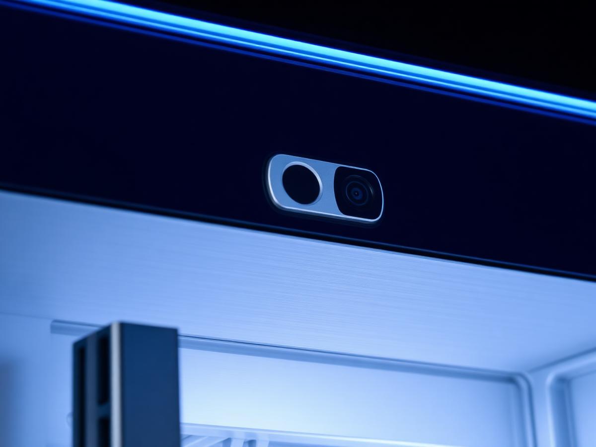 Close-up of the camera module and electronic door lock inside a SandStar smart retail cooler