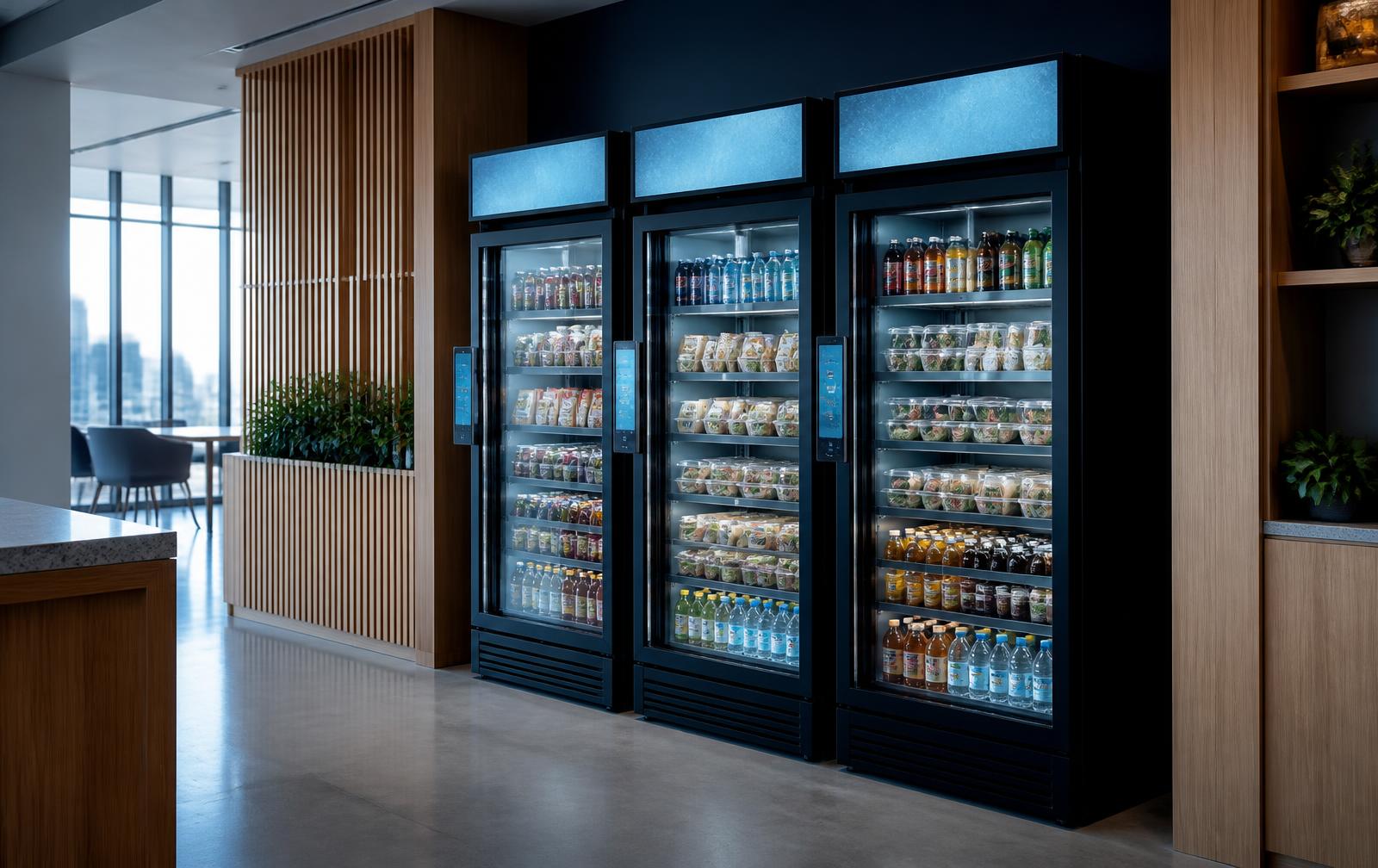 Three SandStar VRK smart coolers installed side by side in a corporate micro-market